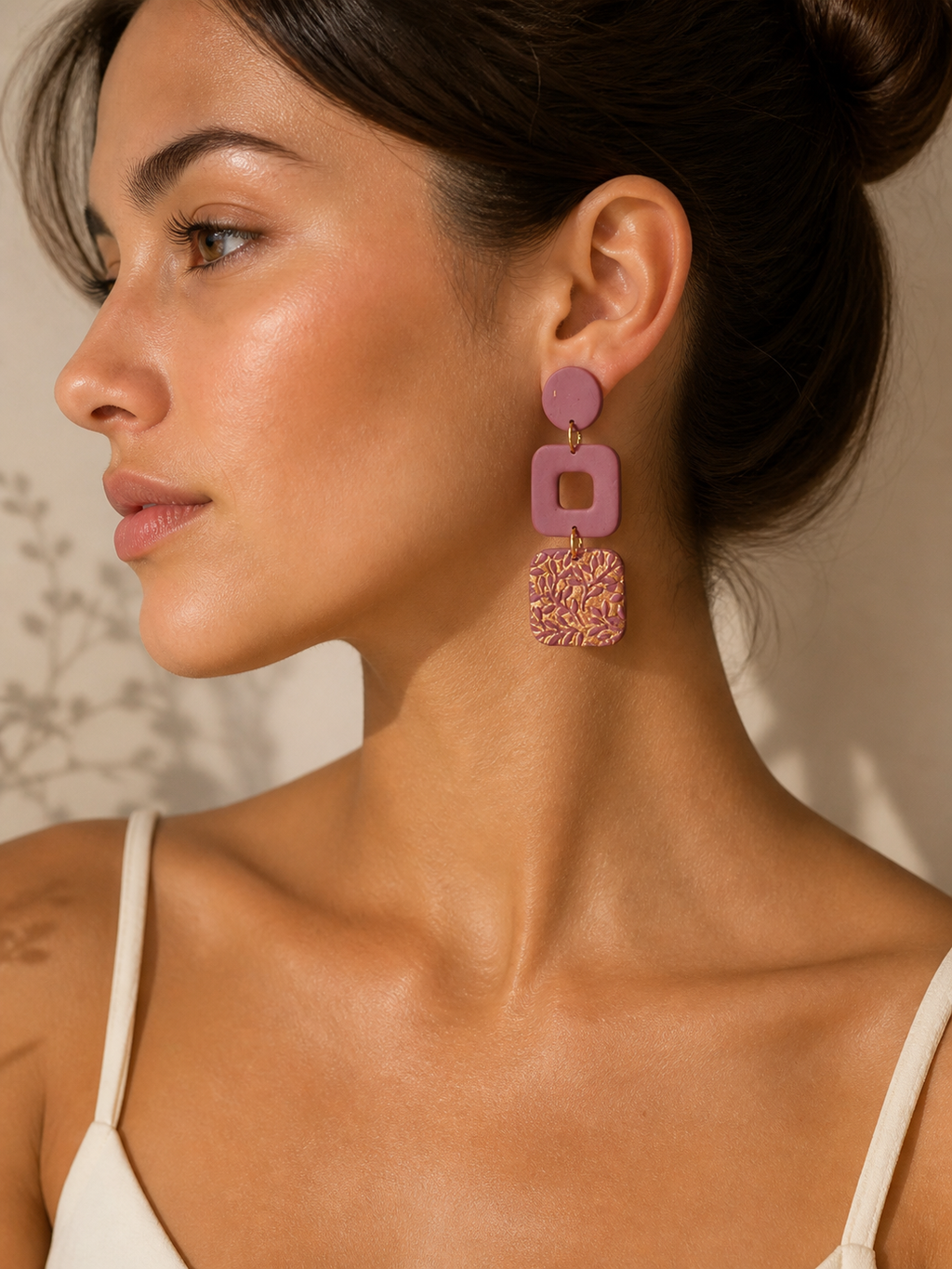 Pink Botanical Triple Drop Earrings – Handmade Polymer Clay