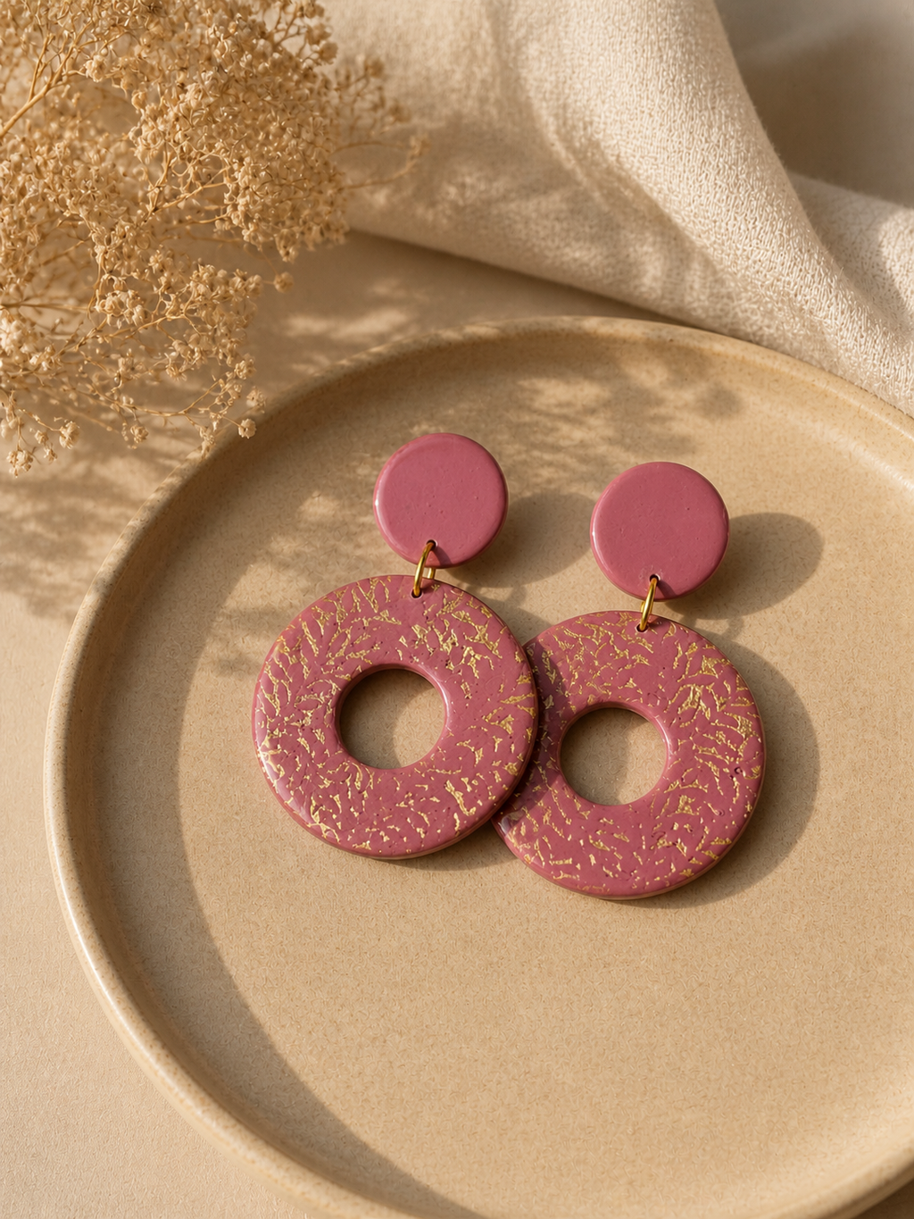 Pink Gold Foil Circle Hoop Earrings – Handmade Polymer Clay