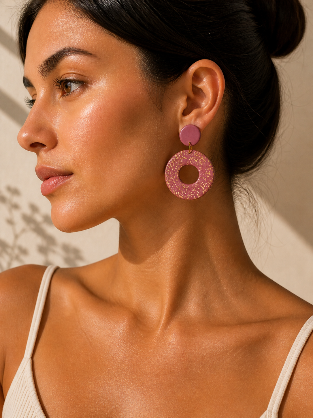 Pink Gold Foil Circle Hoop Earrings – Handmade Polymer Clay
