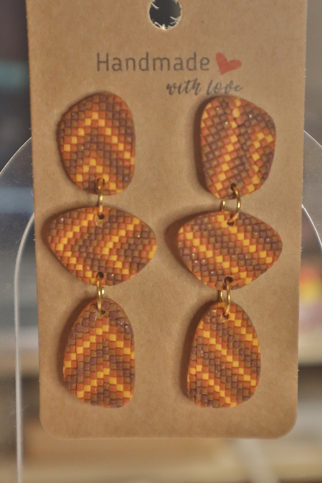 Trodijelne chevron mozaik naušnice – amber