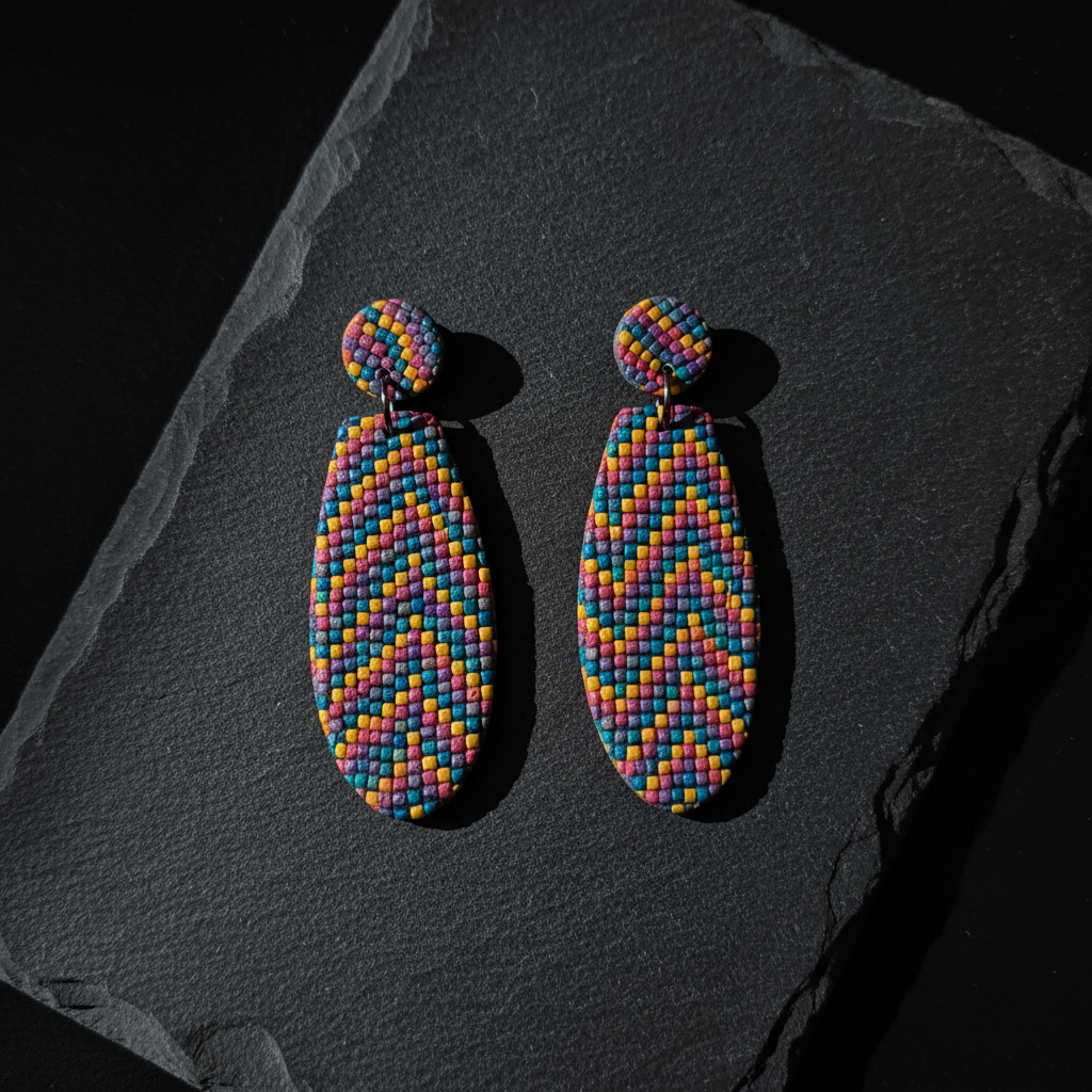 Flat lay – ovalne mozaik chevron dugine naušnice
