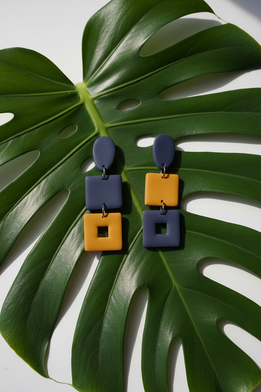 Indigo & Amber naušnice — flat lay na monstera listu