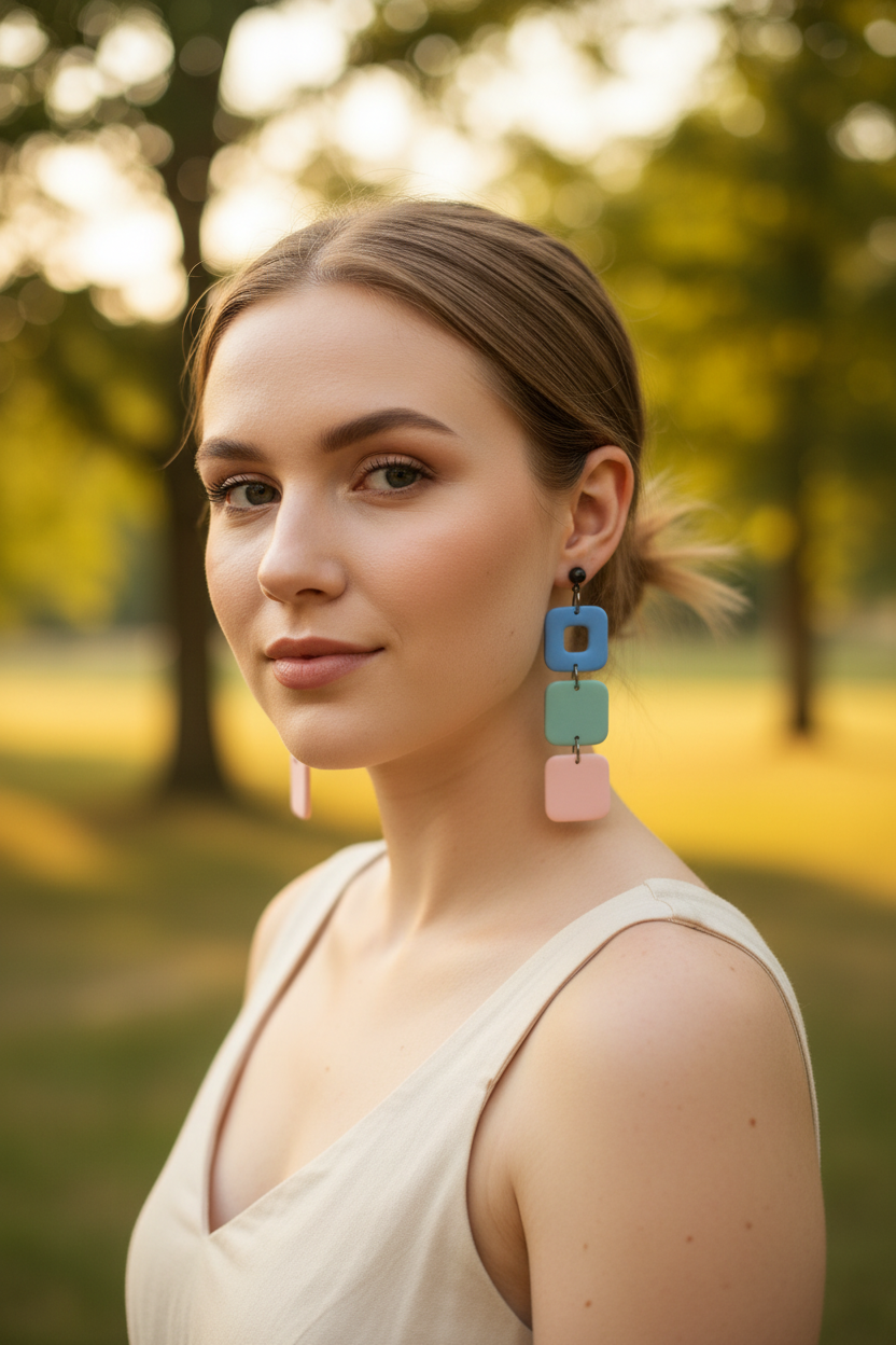 Pastelni trio naušnice na modelu u ljetnoj haljini