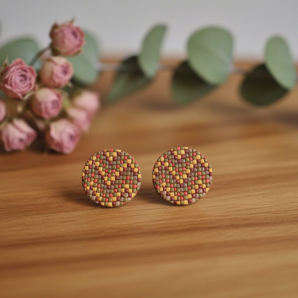 Mozaik okrugle stud naušnice – flat lay