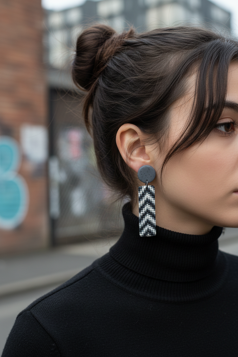 Detalj uha s dvodjelnim chevron mozaik naušnicama — street style