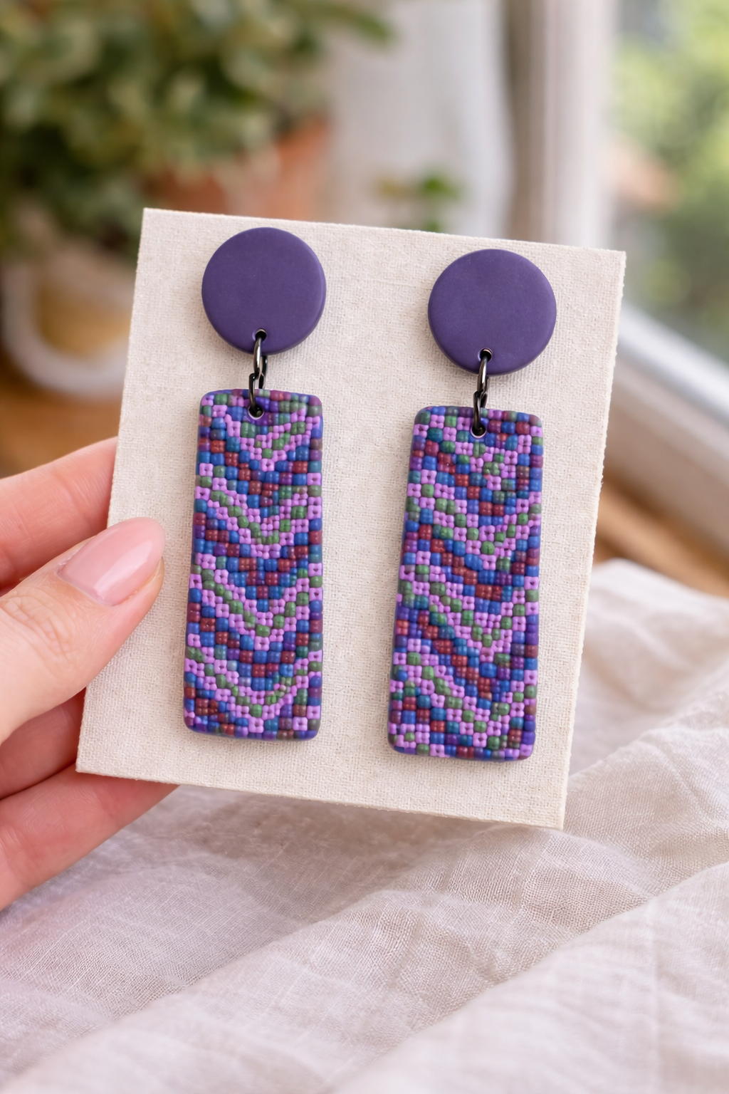 Purple Chevron Mosaic Earrings - Rectangle