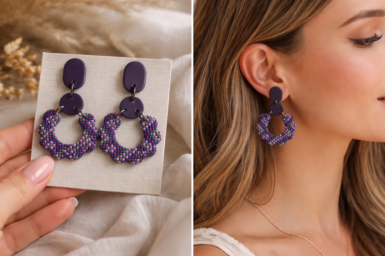 Mosaic Hoop Earrings – Lilac Flower