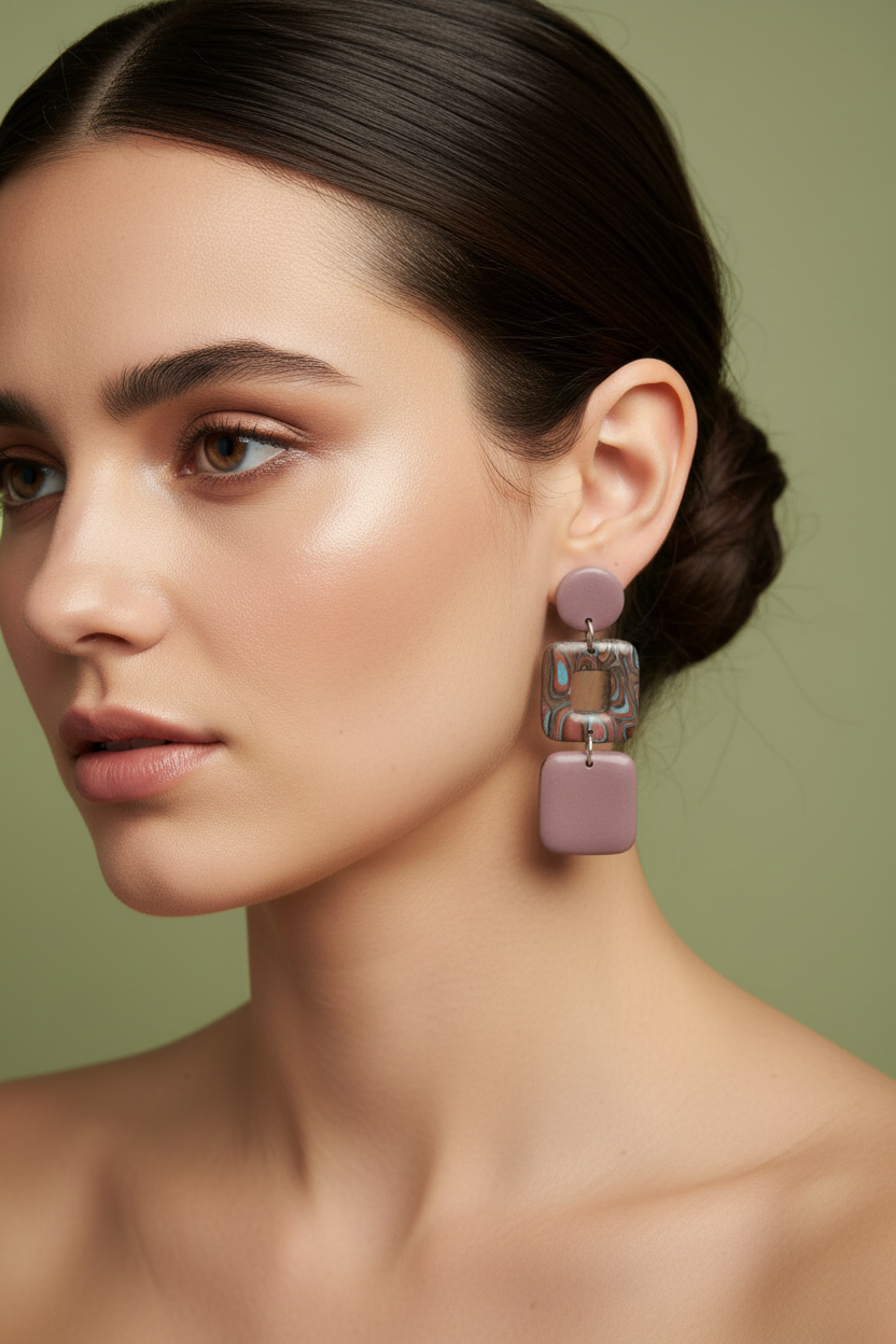 Mozaik mauve naušnice na modelu — točne dimenzije