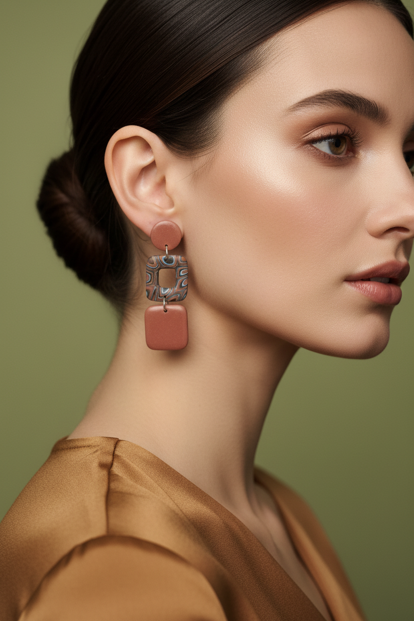 Rose gold mozaik naušnice na modelu