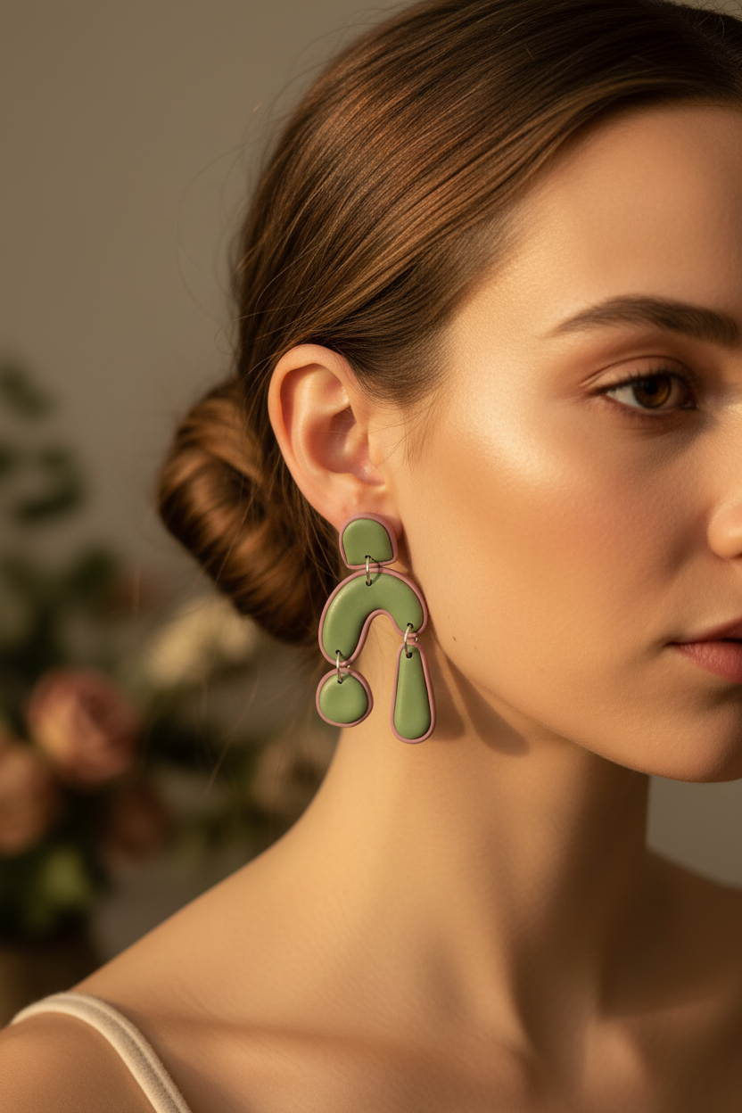 Sage & Mauve arch naušnice na modelu