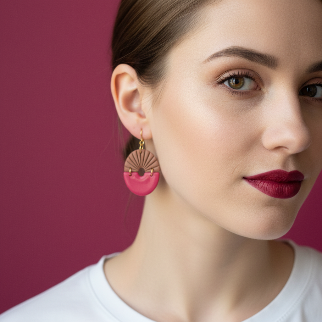 Taupe lepeza + fuchsia — na modelu