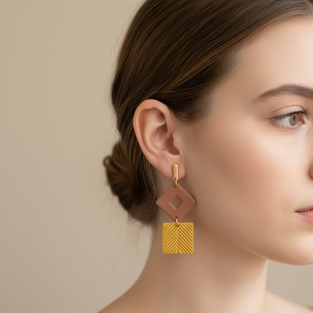 Taupe romb + žuti kvadrat — s kopčom