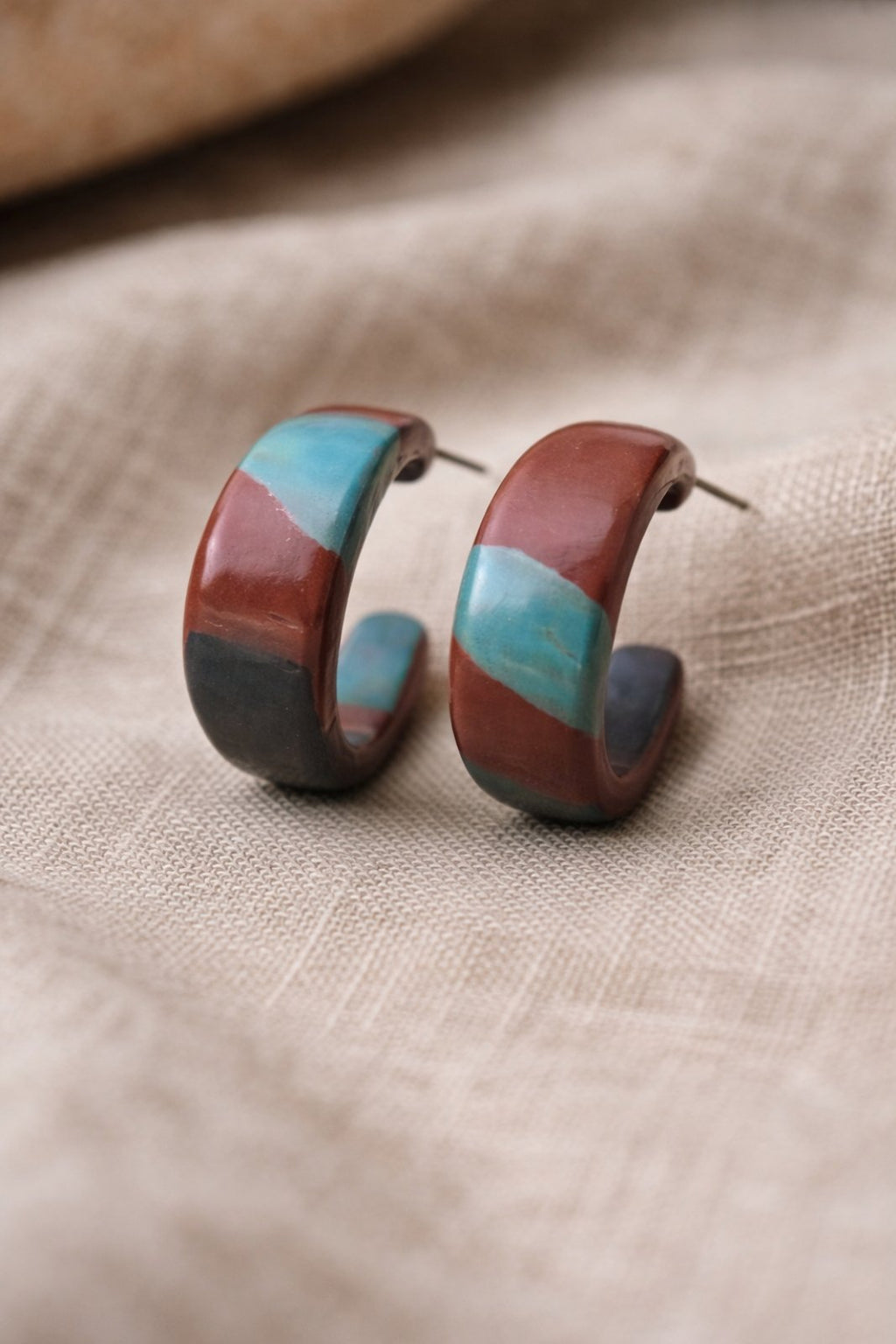 Turquoise & Brown Hoop Earrings – Handmade Polymer Clay