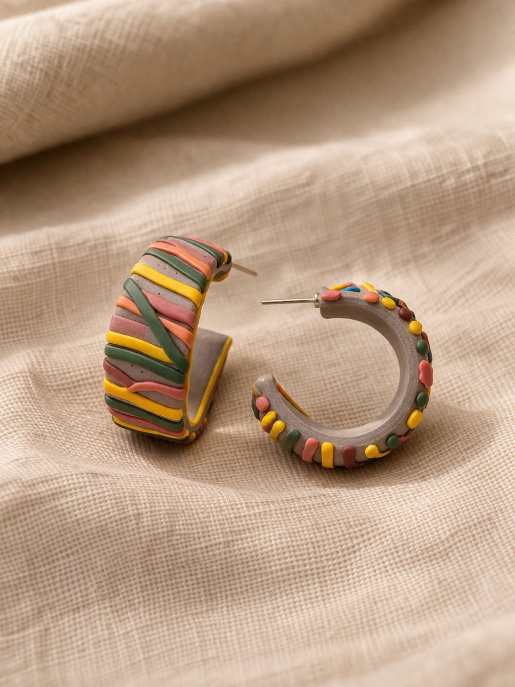 Multicolor Stripe Hoop Earrings – Handmade Polymer Clay