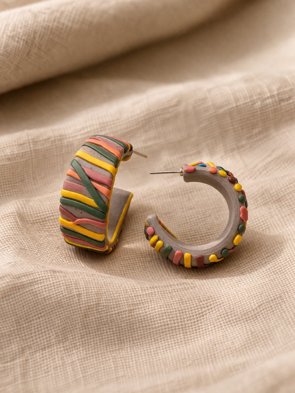 Multicolor Stripe Hoop Earrings – Handmade Polymer Clay