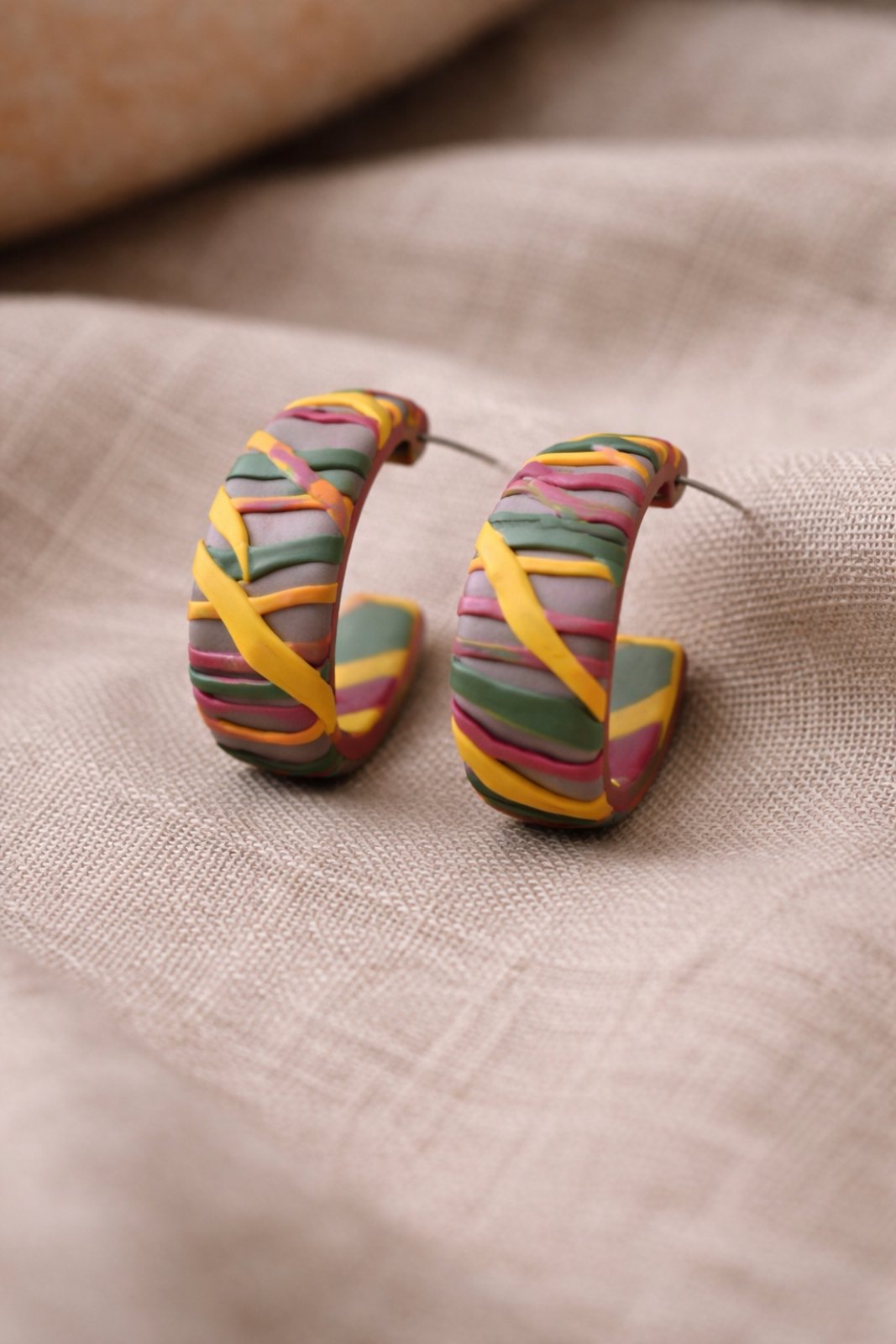 Multicolor Stripe Hoop Earrings – Handmade Polymer Clay